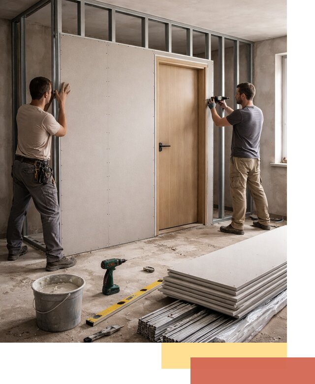 Перегородка из гипсокартона с дверью под ключ в Энгельс