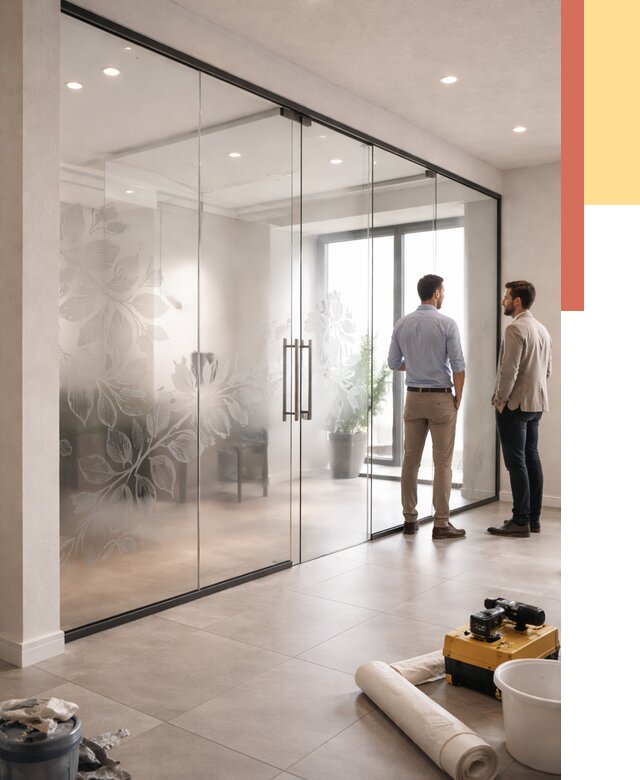 Стеклянные перегородки с рисунком в Энгельс от 13324 руб. монтаж и нанесение | ОТДЕЛОЧНИК-Энг