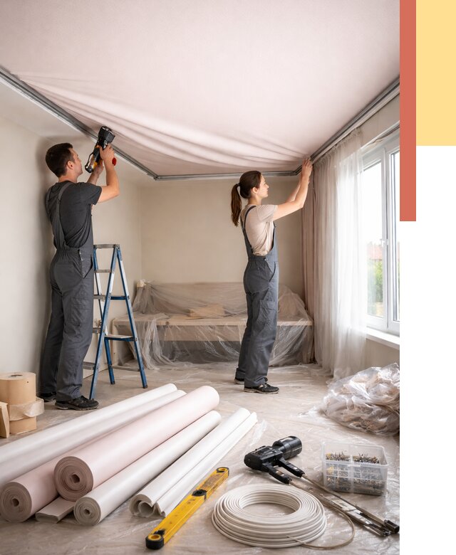 Монтаж цветного натяжного потолка в Энгельс от 4477 руб/м² — быстро и недорого | ОТДЕЛОЧНИК-Энг