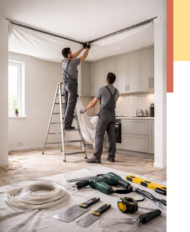 Установка натяжного потолка на кухне в Энгельс от 2558 руб. | ОТДЕЛОЧНИК-Энг