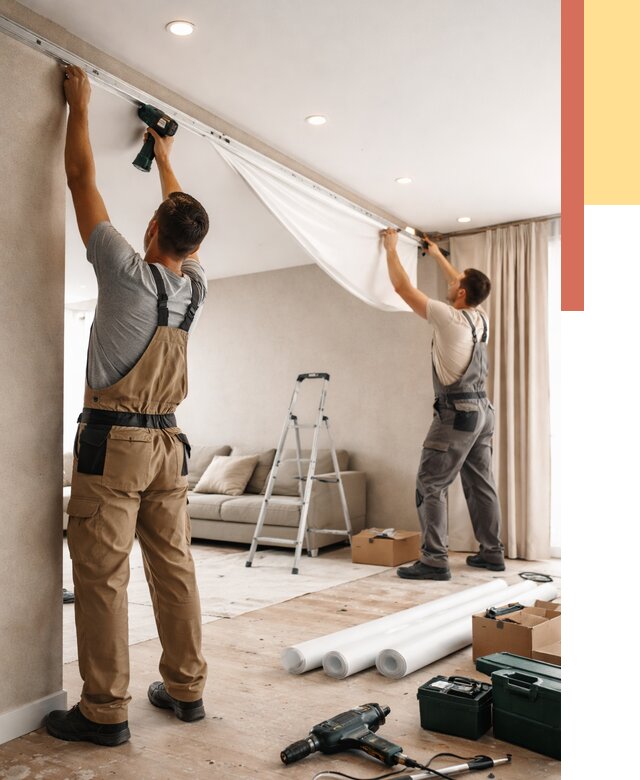 Монтаж натяжного потолка в гостиной в Энгельс от 586 руб. | ОТДЕЛОЧНИК-Энг