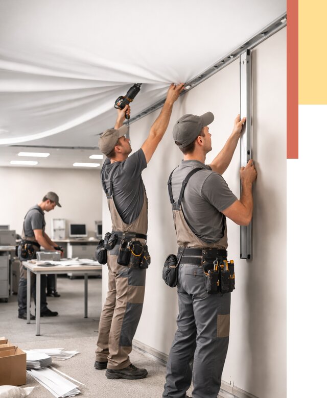 Монтаж натяжного потолка в офисе в Энгельс от 480 руб/м² — быстро и недорого | ОТДЕЛОЧНИК-Энг